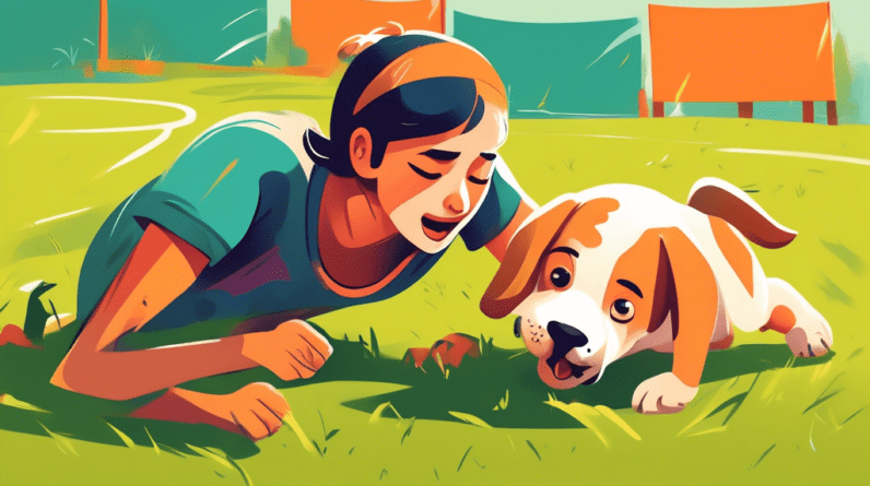 A tired volunteer wearing the t-shirt of a dog training organization struggles to wrangle a playful, energetic puppy on a grassy field with obstacles in the background.