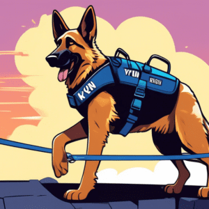 A German Shepherd police dog wearing a harness with a badge that says K-9 Yun Tun bravely walks across a partially collapsed bridge with a look of determination.