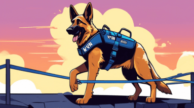 A German Shepherd police dog wearing a harness with a badge that says K-9 Yun Tun bravely walks across a partially collapsed bridge with a look of determination.