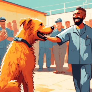 A scruffy shelter dog learning to shake hands with a smiling inmate in a bright, sunny prison yard, surrounded by cheering inmates and handlers.