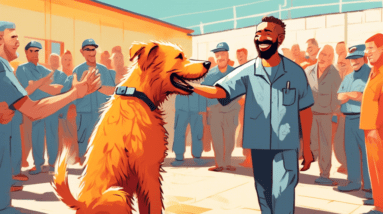 A scruffy shelter dog learning to shake hands with a smiling inmate in a bright, sunny prison yard, surrounded by cheering inmates and handlers.