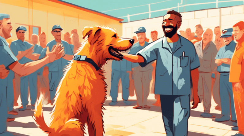 A scruffy shelter dog learning to shake hands with a smiling inmate in a bright, sunny prison yard, surrounded by cheering inmates and handlers.