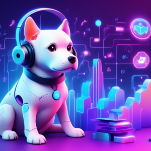 A futuristic holographic dog sitting calmly with a headset on, surrounded by icons representing online dog training platforms like GoDog, Petco, and Hundeo, with growth charts and the years 2024-2030