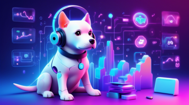 A futuristic holographic dog sitting calmly with a headset on, surrounded by icons representing online dog training platforms like GoDog, Petco, and Hundeo, with growth charts and the years 2024-2030