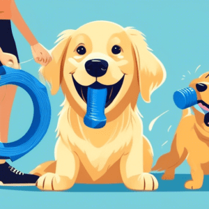 A golden retriever puppy playfully biting a blue chew toy with a professional dog trainer smiling in the background.