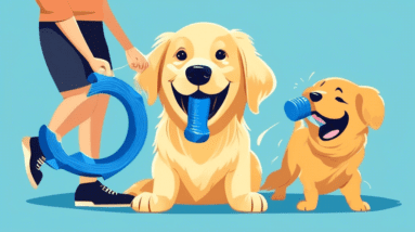 A golden retriever puppy playfully biting a blue chew toy with a professional dog trainer smiling in the background.