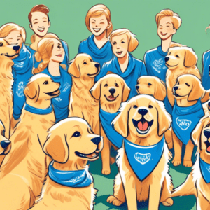 A group of golden retriever puppies wearing blue bandanas sit attentively in a circle during an obedience training class held in a sunny park, with a smiling dog trainer holding treats.