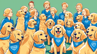 A group of golden retriever puppies wearing blue bandanas sit attentively in a circle during an obedience training class held in a sunny park, with a smiling dog trainer holding treats.