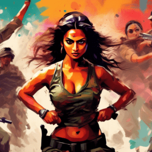 A Bollywood actress with fierce eyes and combat-ready attire, morphing from a graceful dancer to a powerful warrior, surrounded by the blurred silhouettes of special forces operatives.