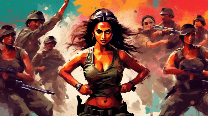 A Bollywood actress with fierce eyes and combat-ready attire, morphing from a graceful dancer to a powerful warrior, surrounded by the blurred silhouettes of special forces operatives.