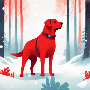 A labrador retriever wearing a red coat in a snowy forest.