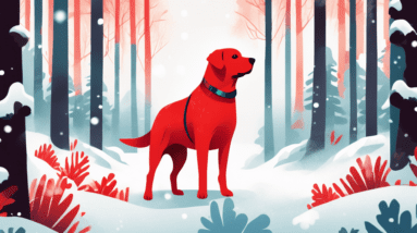 A labrador retriever wearing a red coat in a snowy forest.