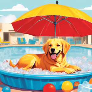 A dog happily lounging in a kiddie pool filled with ice and colorful dog toys, under a bright red umbrella that says St. Johns Kennel in yellow.