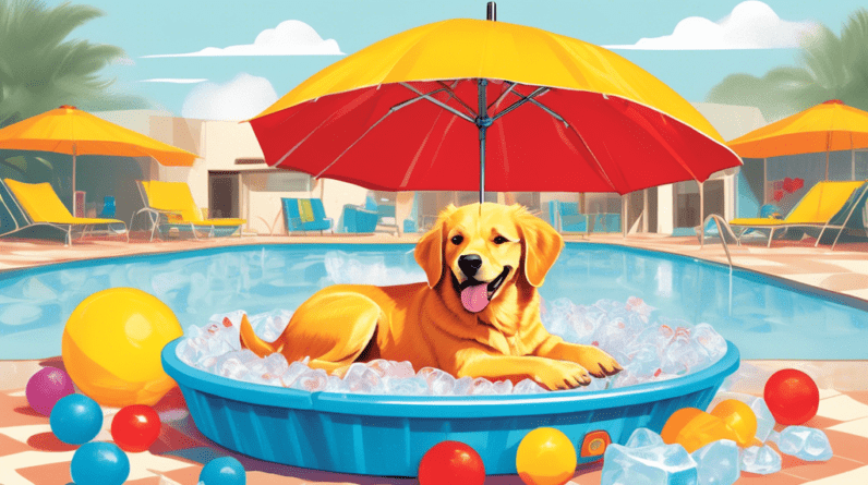 A dog happily lounging in a kiddie pool filled with ice and colorful dog toys, under a bright red umbrella that says St. Johns Kennel in yellow.