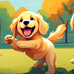 A golden retriever puppy awkwardly smiling with a tilted head and one paw raised in the air, trying to make friends with other puppies in a park setting.