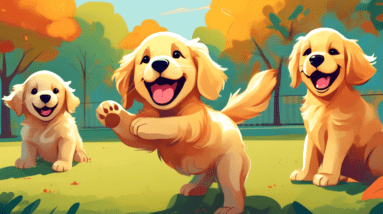 A golden retriever puppy awkwardly smiling with a tilted head and one paw raised in the air, trying to make friends with other puppies in a park setting.