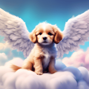 A small, fluffy puppy with angel wings lying peacefully on a bed of clouds, looking down sadly at a chaotic dog training school.