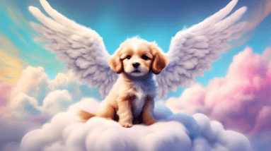 A small, fluffy puppy with angel wings lying peacefully on a bed of clouds, looking down sadly at a chaotic dog training school.