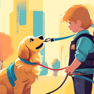 A golden retriever puppy wearing a NEADS vest, gazing up at a person holding a leash.