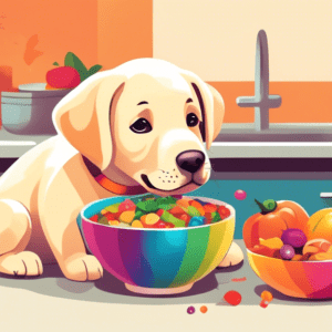 A cute labrador puppy looking longingly at a bowl full of healthy, colorful food.