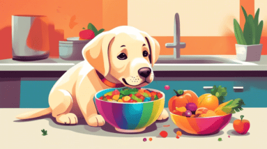 A cute labrador puppy looking longingly at a bowl full of healthy, colorful food.