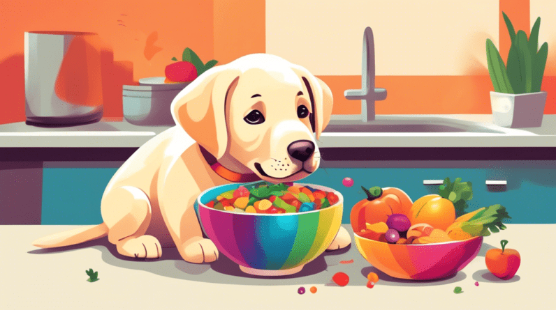 A cute labrador puppy looking longingly at a bowl full of healthy, colorful food.