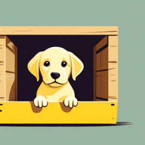 A yellow labrador retriever puppy sitting inside a crate that is slightly bigger than it is.