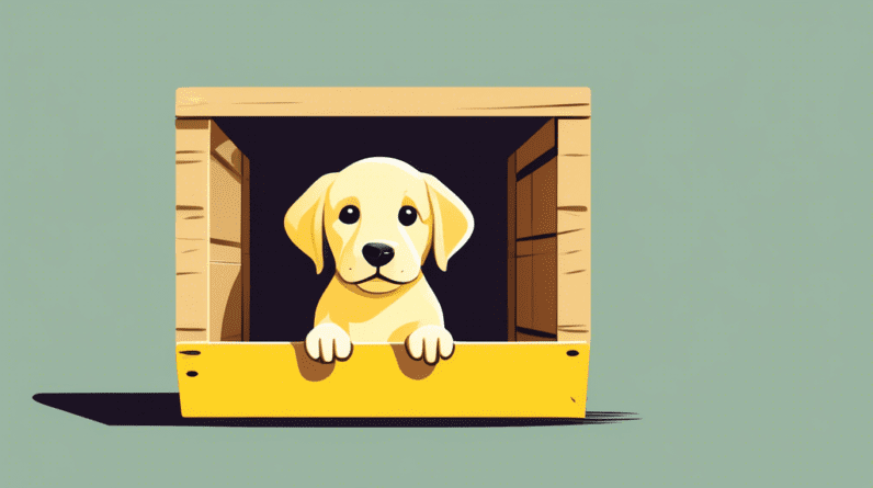 A yellow labrador retriever puppy sitting inside a crate that is slightly bigger than it is.