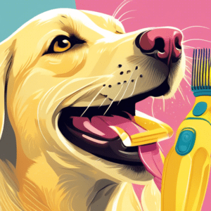 A yellow labrador retriever dog smiling with a furminator grooming brush held in its mouth.