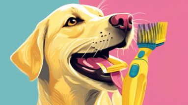 A yellow labrador retriever dog smiling with a furminator grooming brush held in its mouth.