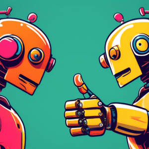 Two robots arguing over a thumbs up button and a thumbs down button.