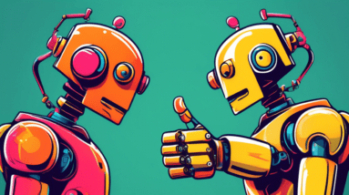 Two robots arguing over a thumbs up button and a thumbs down button.