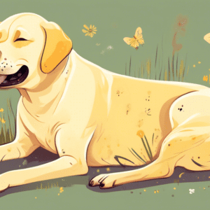 A yellow labrador scratching its ear with its paw, with a worried expression, surrounded by common allergens like pollen, grass, and dust.