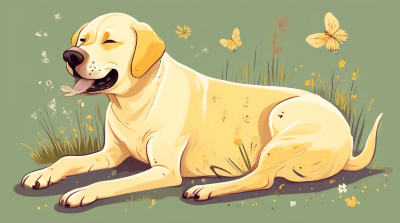 A yellow labrador scratching its ear with its paw, with a worried expression, surrounded by common allergens like pollen, grass, and dust.