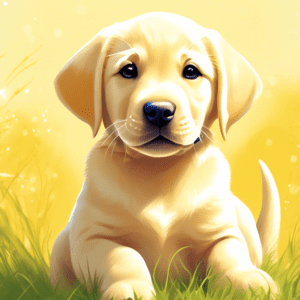 A happy yellow Labrador Retriever puppy with sparkling eyes sitting in the grass on a sunny day.