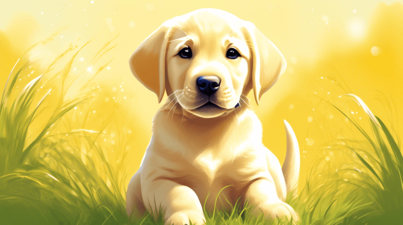 A happy yellow Labrador Retriever puppy with sparkling eyes sitting in the grass on a sunny day.