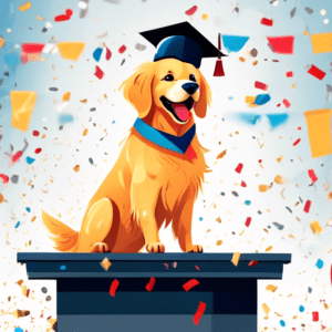 A golden retriever dog wearing a graduation cap with a red diploma in its mouth, standing on a podium with a Top Tier K9 banner and confetti raining down.