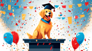 A golden retriever dog wearing a graduation cap with a red diploma in its mouth, standing on a podium with a Top Tier K9 banner and confetti raining down.