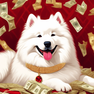 A fluffy white Samoyed dog wearing a diamond-encrusted gold collar, with stacks of hundred dollar bills surrounding it on a luxurious red velvet pillow.