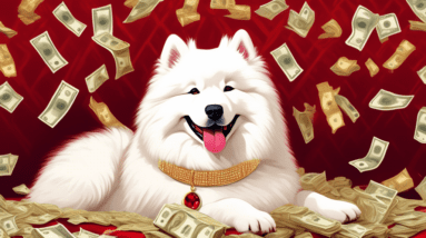 A fluffy white Samoyed dog wearing a diamond-encrusted gold collar, with stacks of hundred dollar bills surrounding it on a luxurious red velvet pillow.