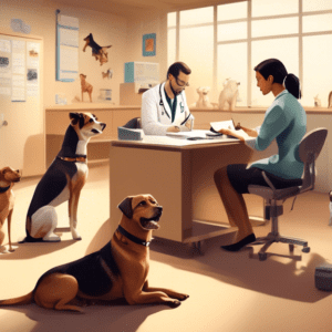 Create an image featuring a warm, inviting setting inside a veterinary clinic. In the center, a confident dog specialist sits at a desk, surrounded by various dog breeds. The specialist is speaking an