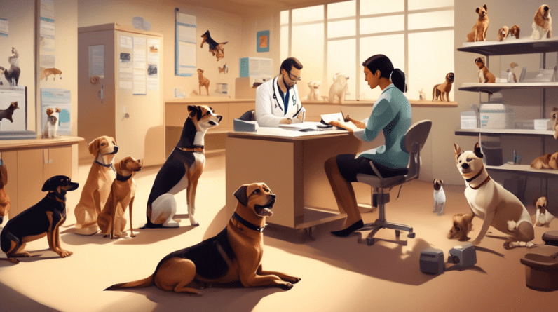 Create an image featuring a warm, inviting setting inside a veterinary clinic. In the center, a confident dog specialist sits at a desk, surrounded by various dog breeds. The specialist is speaking an