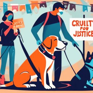 A frustrated dog trainer with their face obscured, holding a shock collar and leash taut, with a sad dog cowering at their feet. Surrounding them are protest signs reading Animal Cruelty and Justice