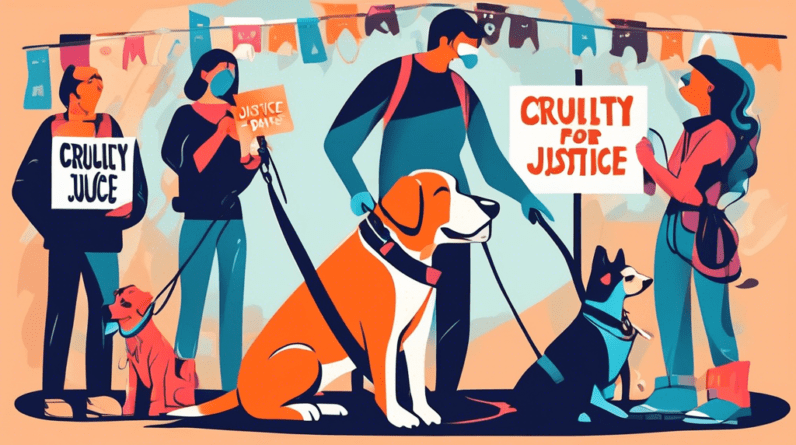 A frustrated dog trainer with their face obscured, holding a shock collar and leash taut, with a sad dog cowering at their feet. Surrounding them are protest signs reading Animal Cruelty and Justice