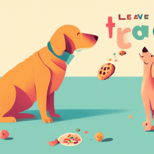 A dog looking longingly at a treat held in a person's hand, with the words Leave it floating above the treat.