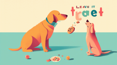 A dog looking longingly at a treat held in a person's hand, with the words Leave it floating above the treat.