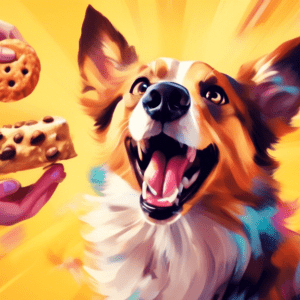 A dog excitedly focusing on a treat held in its owner's hand, with a blurred background of other dogs playing chaotically.