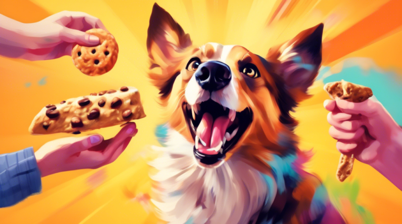 A dog excitedly focusing on a treat held in its owner's hand, with a blurred background of other dogs playing chaotically.