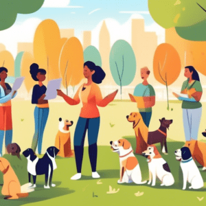 A heartwarming scene of a group of dog trainers conducting a free class in a beautiful park. The trainers are engaging with dogs of various breeds and their owners, demonstrating positive training tec