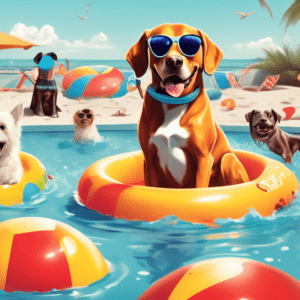 A dog with sunglasses on a floatie in a pool, surrounded by other dogs playing with beach balls and frisbees, with a banner that says Waggie Pet Zone.